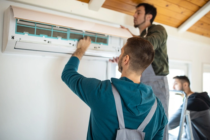 Two men collaborating on the maintenance of an air conditioning unit, focused on their task in a professional setting.